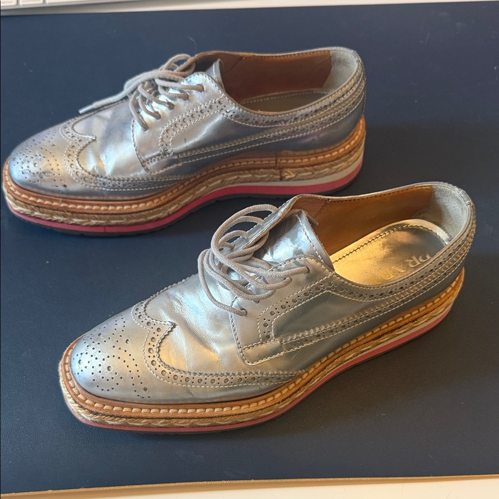 Prada Metallic Silver Leather Wingtip Platform Loafers with Pink Trim